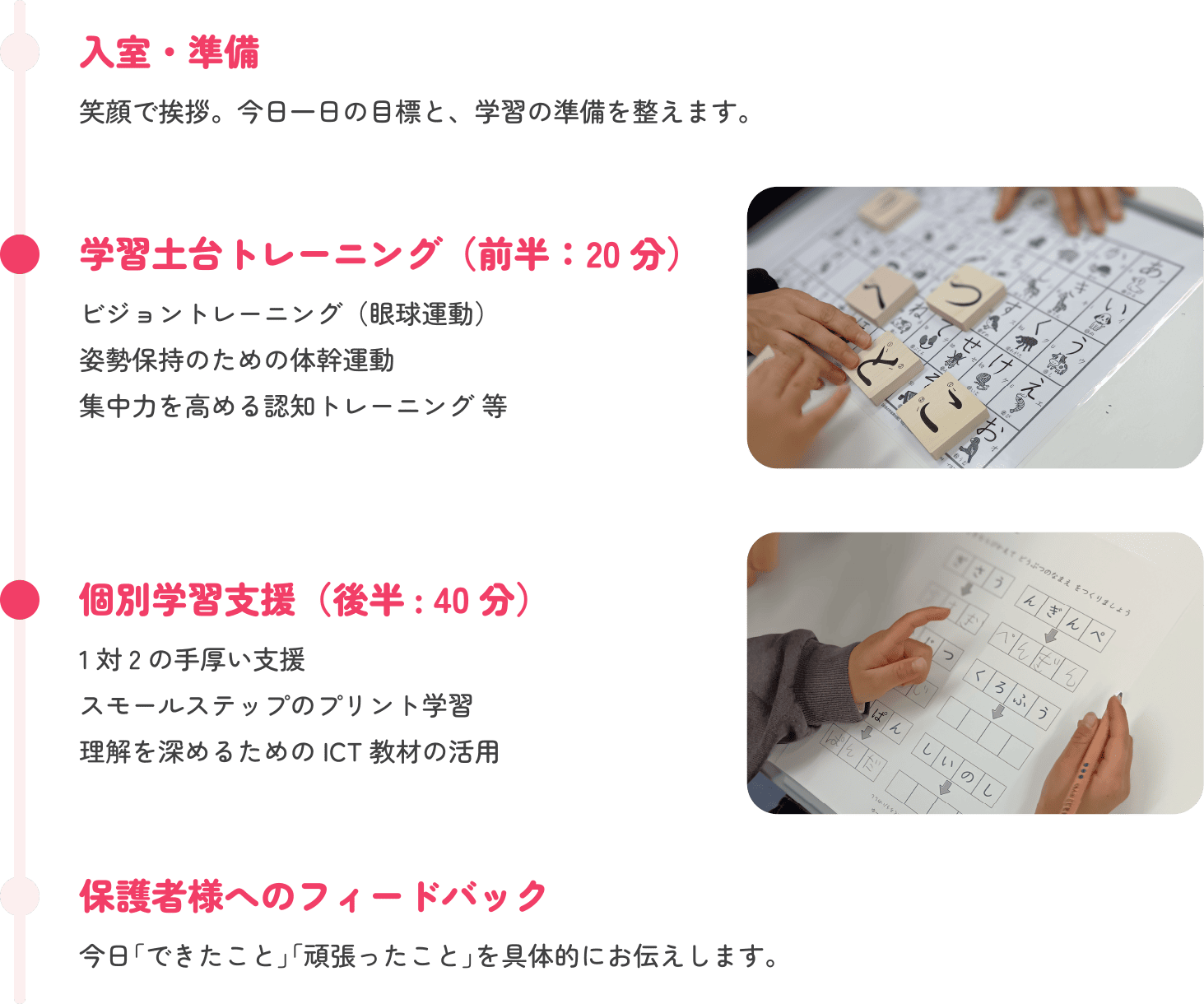入室・準備 笑顔で挨拶。今日一日の目標と、学習の準備を整えます。　学習土台トレーニング（前半：20分） ビジョントレーニング（眼球運動） 姿勢保持のための体幹運動 集中力を高める認知トレーニング 等　個別学習支援（後半: 40分）講師による1対2の手厚い支援 スモールステップのプリント学習 理解を深めるためのICT教材の活用 　保護者様へのフィードバック 今日「できたこと」「頑張ったこと」を具体的にお伝えします。