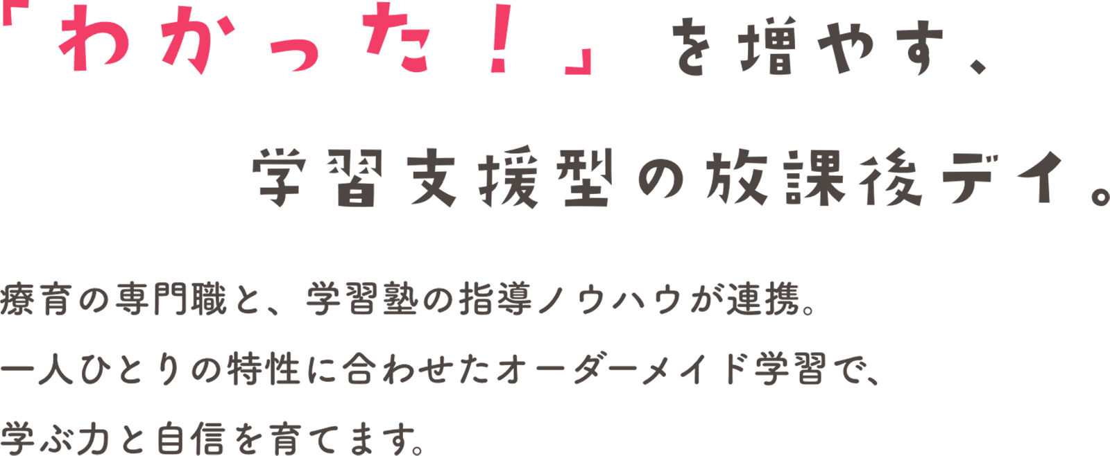 「わかった！」を増やす、学習支援型の放課後デイ。療育の専門職と、学習塾の指導ノウハウが連携。一人ひとりの特性に合わせたオーダメイド学習で、学ぶ力と自信を育てます。